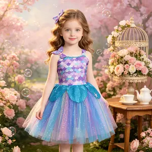 Girls Gradient Mermaid-Style Princess Tutu Dress, Sleeveless Scale Print Tulle Costume with Starfish Details, for Birthday Party, Dress-Up & Photoshoot