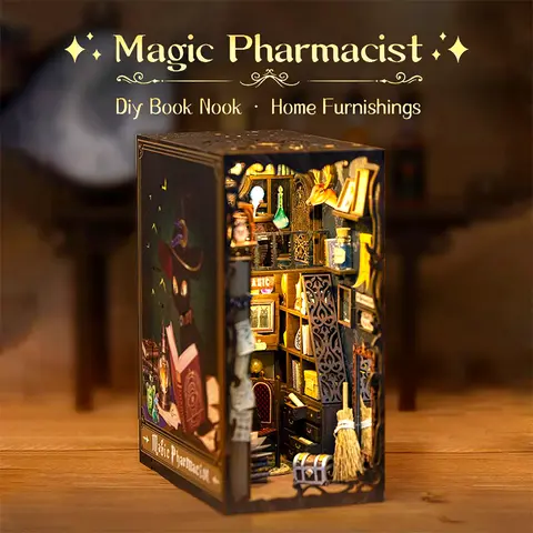 EcoCrafty Magic Pharmacist DIY Kit - Wooden Book Nook Dollhouse with Secret Room, Black Cat, Magic Book, Broom, LED Light, Perfect Gift for Enthusiasts