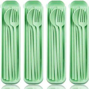 4 Sets Reable Travel Utensils Set with Case,Camping Cutlery Set Reable Cutlery Set with Case,Utensil Sets for Lunch Picnic Daily Outdoor (lightgreen)