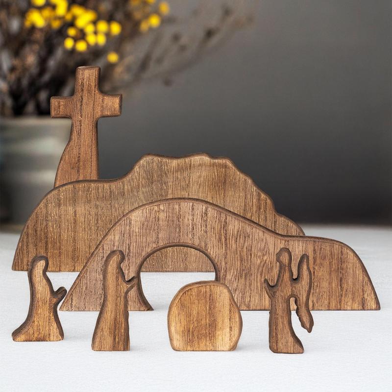 Wooden Easter Resurrection Scene Cross, Empty Tomb Easter Scene & Cross Decoration, Jesus Tomb Tray Set for Religious Home Office