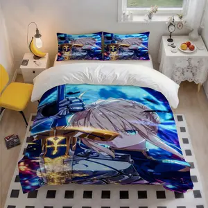 3Pcs Fate Fate/stay night Blonde female knight holds a holy sword and fights in the starry sky Themed Breathable Polyester Bedding Set, Decorative Bedding Set, Design, Christmas Gift, Bedroom, 1 Duvet Cover + 2 Pillowcases (No Insert)