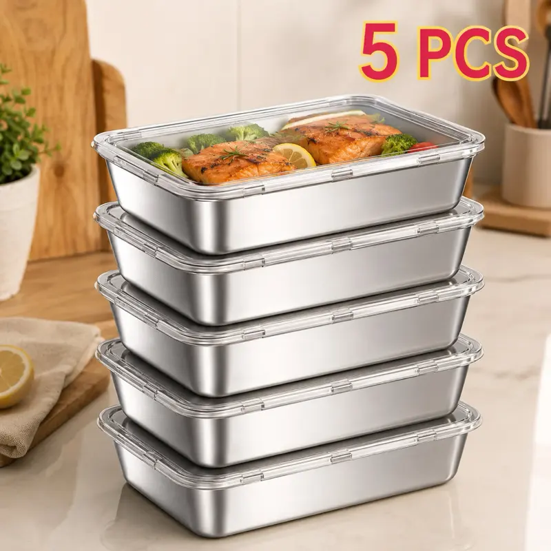 5-Pack Premium Leak-Proof Stainless Steel Food Storage Containers 410 Heavy-Duty Reusable Stackable Sealed-Lid Boxes For Salads Fruits Meats Veggies Fresh Easy-Clean Modern Design Home Commercial Kitchen