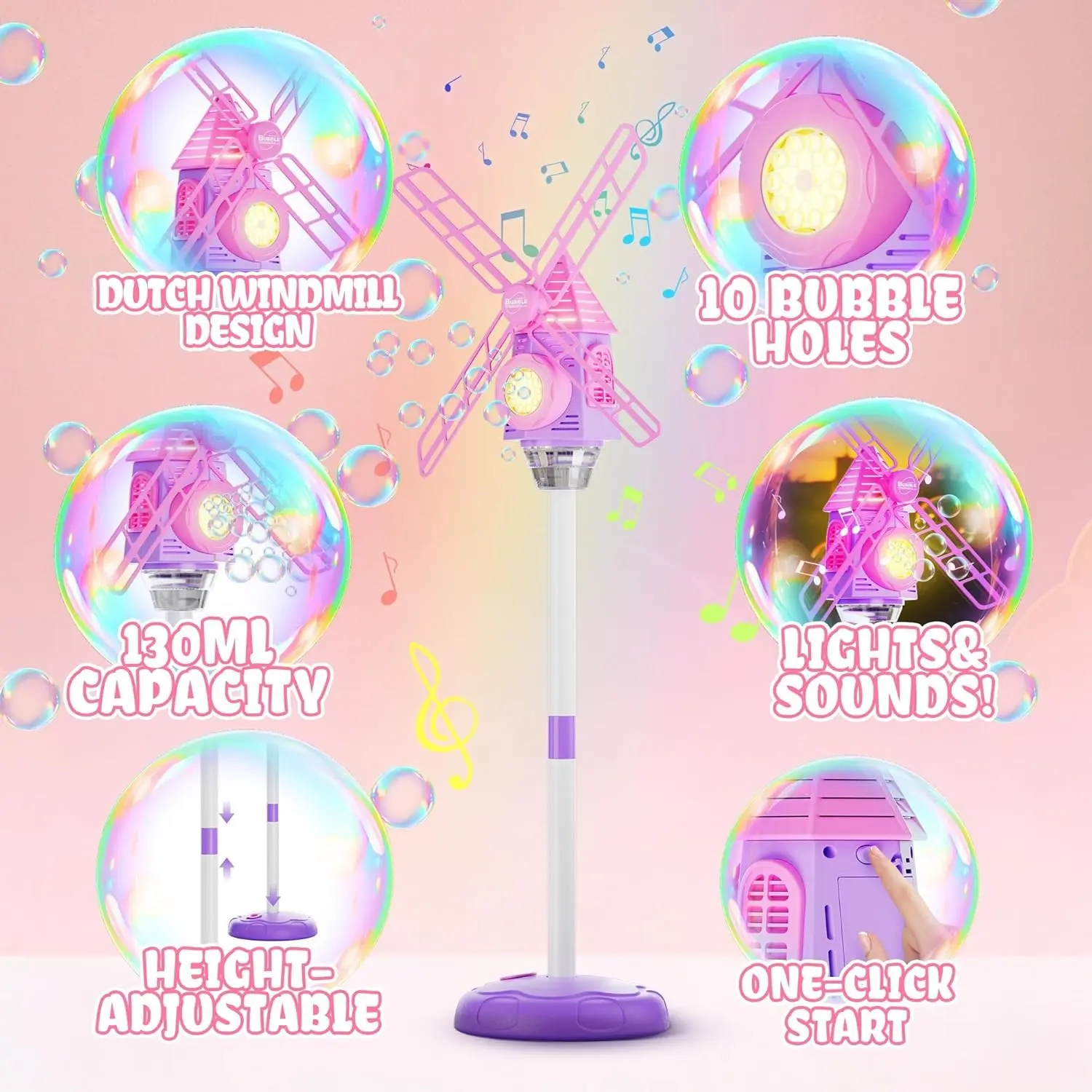 Windmill Bubble Machine, Dutch Windmill Design, Music & LED Lights, Adjustable Height, Indoor/outdoor Use, Includes 50ML Concentrated Solution, Party Bubble Machine