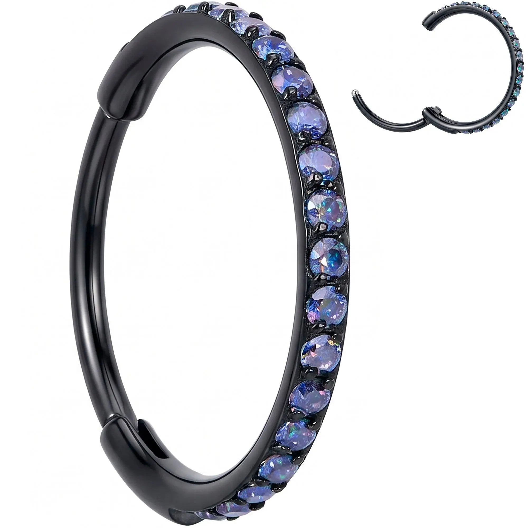 Micro Gem Implant Grade Titanium Hinged Nose Hoop - Black Vitrail CZ Nose Ring
