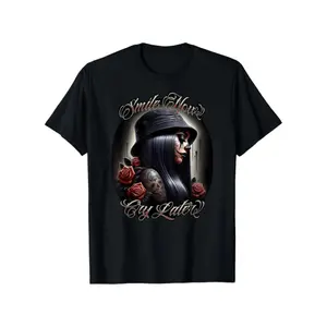 Men's Cotton Short-Sleeve Round Neck Casual T-Shirt, Menswear Streetwear with Smile Now Cry Later Chicana Payasa Tattoo Chicano Artwork