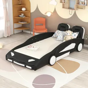 [Bellemave]Twin Size Race Car-Shaped Platform Bed with Wheels, Black    RR