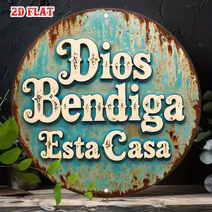 1pc Vintage Spanish Blessing Metal Wall Decor - "Dios Bendiga Esta Casa" (God Bless This House) Sign - Rustic Turquoise & Rust Red Aluminum Art - Indoor/Outdoor Decoration for Home, Garage, Cafe, Farmhouse - Durable Weatherproof Decoration - Housewarming