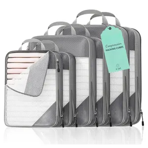 6 Set Compression Packing Cubes for Travel - Compressible, Lightweight, and Space-Saving Packing Cubes, Travel Essentials for Women, Grey