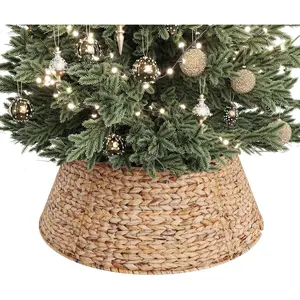 28-Inch Woven Rattan Christmas Tree Collar, Stylish Hyacinth 5-Piece Tree Skirt for Artificial Trees, Wicker Tree Base Cover with Cord Cut-Out for Home Decor, Living Room Display, Natural
