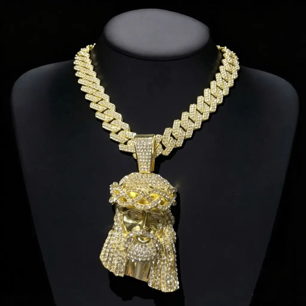 14K Gold Plated Jesus Pendant Necklace for Men & Women – 5A Cubic Zirconia Iced Out Cuban Chain, Bling Hip-Hop Couple Jewelry