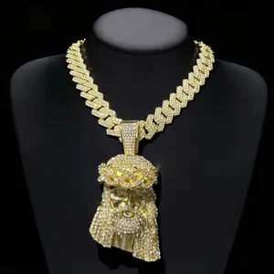 14K Gold Plated Jesus Pendant Necklace for Men & Women – 5A Cubic Zirconia Iced Out Cuban Chain, Bling Hip-Hop Couple Jewelry