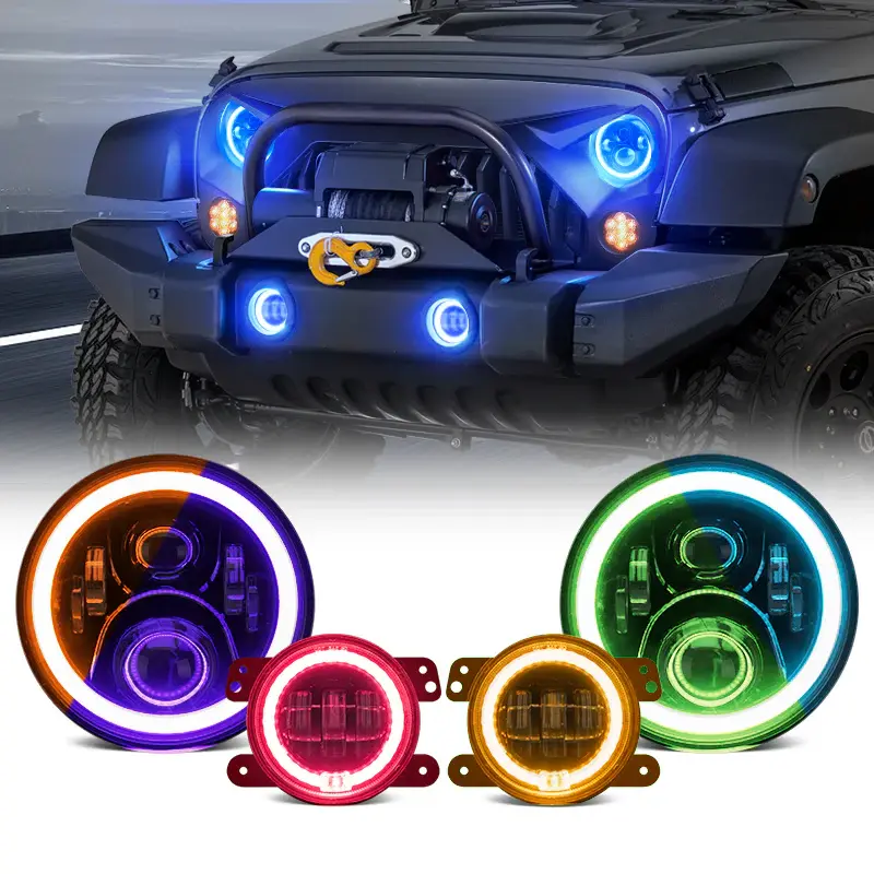 RGB LED Halo Headlights & Fog Light Kit for 2007-2018 Jeep Wrangler JK, Amber Turn Signal, 16 Million Colors, 155 Dynamic Modes, Bluetooth App Control, Music Sync, Adjustable Brightness, Plug & Play