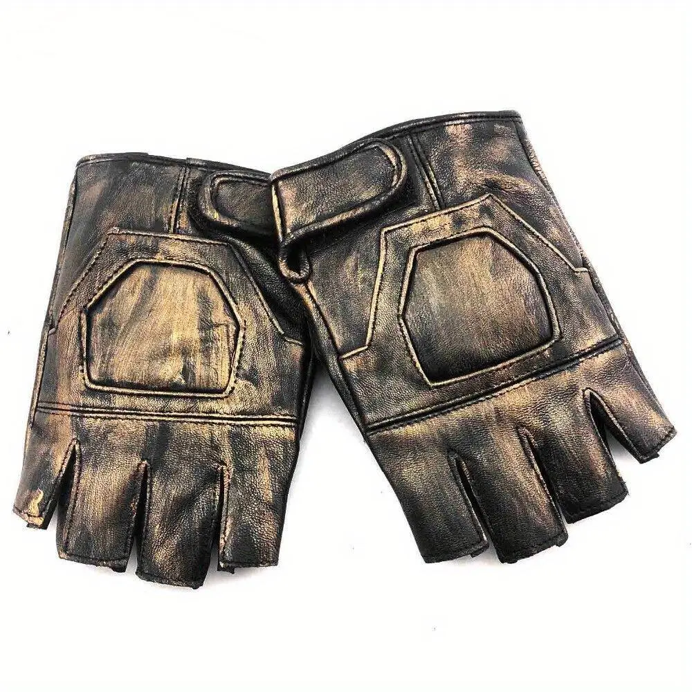 Men's Vintage Real Cowhide Leather Fingerless Gloves - Steampunk, Biker, Cosplay Costume Accessory - Warm, 2 Sizes, Do Not Wash, Warmth