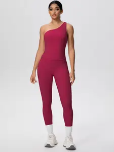 Women's One Shoulder Sports Bra Tank Top High Waist Leegings with Pockets, Sporty Breathable Quick Drying Outfits for Yoga Gym Workout Running Cycling, Gym Wear, Yoga Clothes Set, Fitness Exercise Wear, Stretchable Activewear
