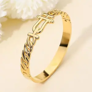 Stainless Steel Snap-on Bangles Women Gold Color Openwork Chain Bangles Fashion Jewellery Accessories Button Bracelets