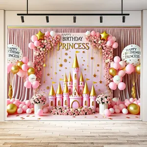 1pc princess birthday party banner background - light pink curtain background with "Happy Birthday Princess", pink castle model, pink flowers, suitable for girls' birthday celebrations, party decorations, Party Decoration Supplies, Indoor Backdrops