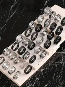 Men's Stainless Steel Ring Set, Punk Style, Polished, Sandblasted, Cross Line Texture, Chain Design, Casual Party Vacation Wear