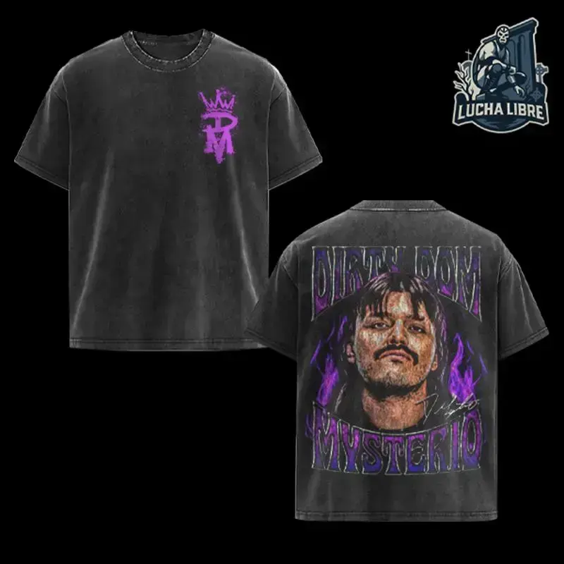 Dominik Mysterio – WWE Oversized Graphic Tee – Vintage black cotton with purple crown DM logo front and bold Dirty Dom Mysterio portrait back, ideal for wrestling fans.