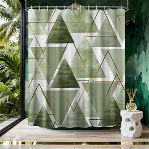 Sage Green and White Geometric Shower Curtain, Modern Olive Green Fabric Bathroom Decor, Includes Hooks for Shower, 1PC