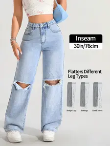Women's Plain Ripped Jeans, Button, Fashion Casual High-Waisted Non-Elastic Light Blue Washed Denim, Summer Wear, Daily, Versatile Clothing