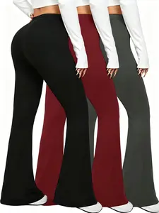 Women's High Waisted Solid Black Gray Red Flared Leggings With Deep Side Pockets, Wide Leg Bell Bottom Yoga Pants For Gym, Running, Travel, Lounge, Everyday Casual Wear Sport Bottoms