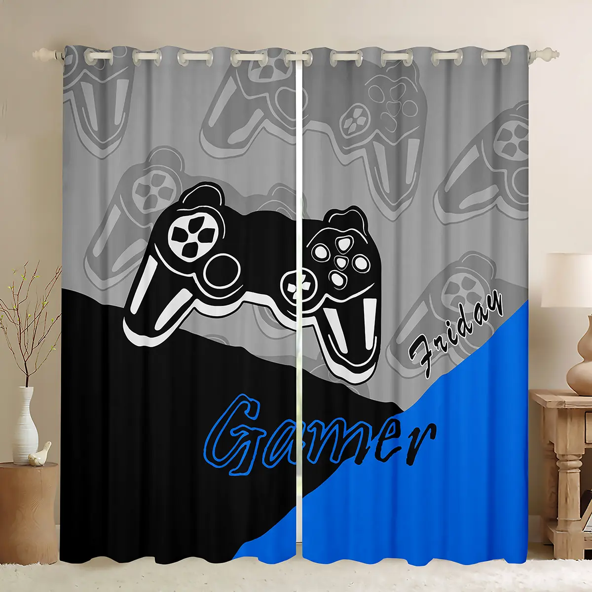 Gamer Thermal Insulated Privacy Grommet Curtains - All-Over Print Cool-Tone Drapes with 30%-50% Blackout, Personalized Design, Room Decor for Bedroom, Black/Blue/Grey Options for Video Game Players, All-Over Print Curtains, Cool-Tone Curtains