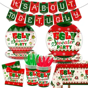 Ugly Sweater Party Decorations-142Pcs Christmas Plates Set for 20 Guests, It's About to Get Ugly Christmas Tableware Supplies
