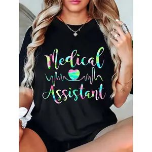 Women's Medical Assistant T-Shirt Colorful Watercolor Stethoscope Heart Print Casual Work Healthcare Professional Top