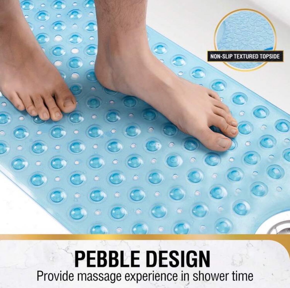 Bathtub Floor Mat 40x16 Inch,Non Slip Mat With Strong Suction Cups,Extra Large Machine Washable Shower Rug,Drain Holes Keep Tub Clean,Waterproof Mold Resistant Rubber PVC Mat,Blue Black Transparent Light Gray,Holiday Gift For Adults Elderly Kids Family