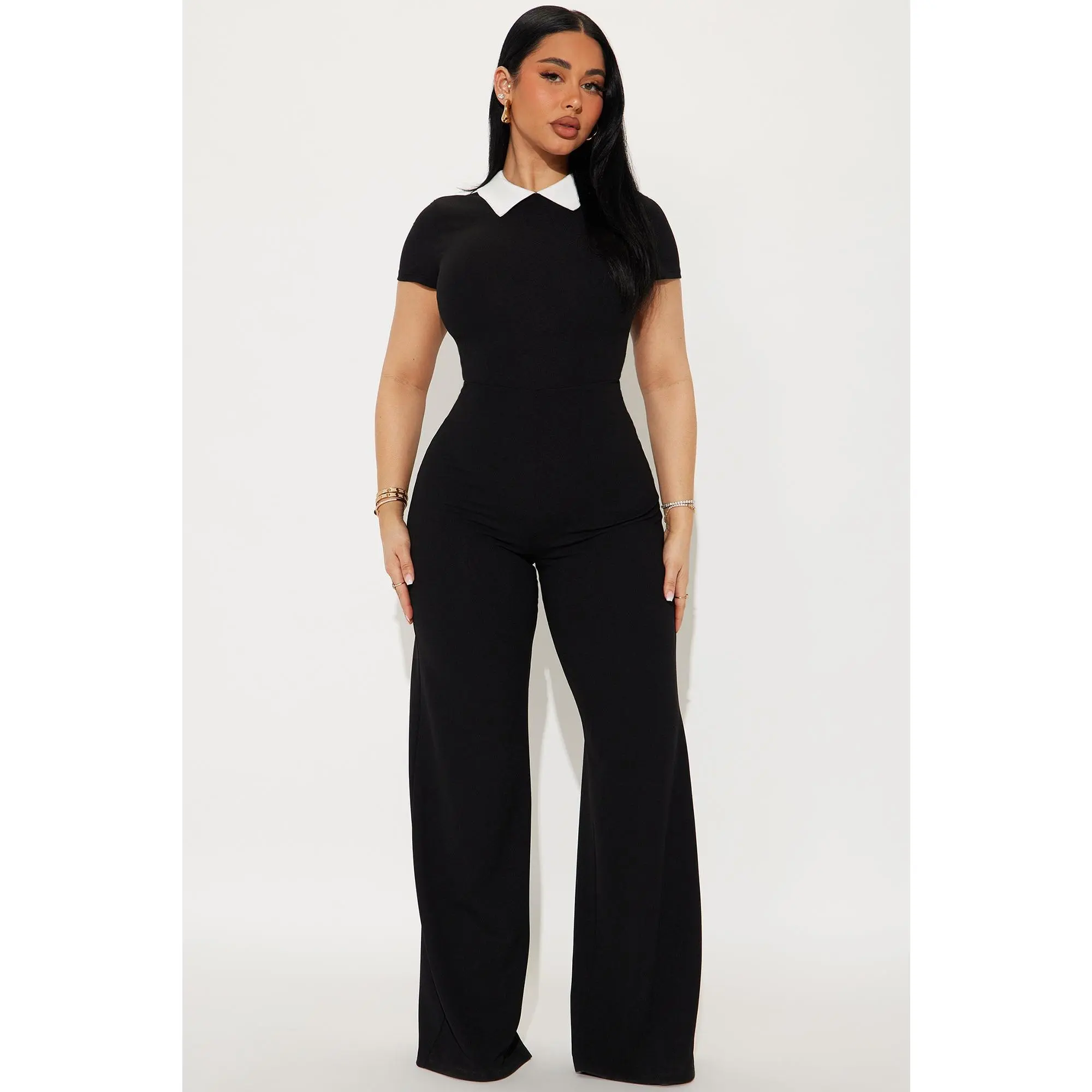 All Or Nothing Short Sleeve Jumpsuit - Black/White