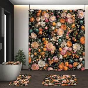 LVRLVR 4pcs Peony Orange Fruit Floral Vintage Lush Botanical Bathroom Set with Shower Curtain, Bath Rugs and Hooks - 70.8"×70.8" (180×180cm)