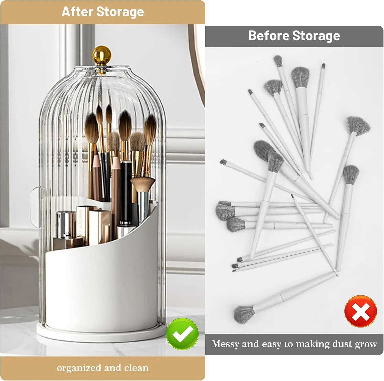 Black version of rotating covered brush organizer in bathroom