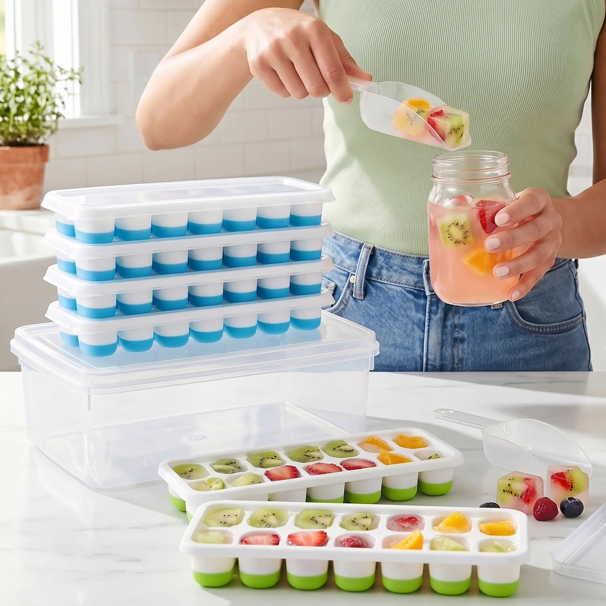 Stackable Ice Cube Tray Set with Lid and Bin – 56 Cubes,BPA Free,Easy-Release Ice Molds for Freezer,Includes Scoop Containers Utensils ice mold Gifts Friend Fruit campingessentials
