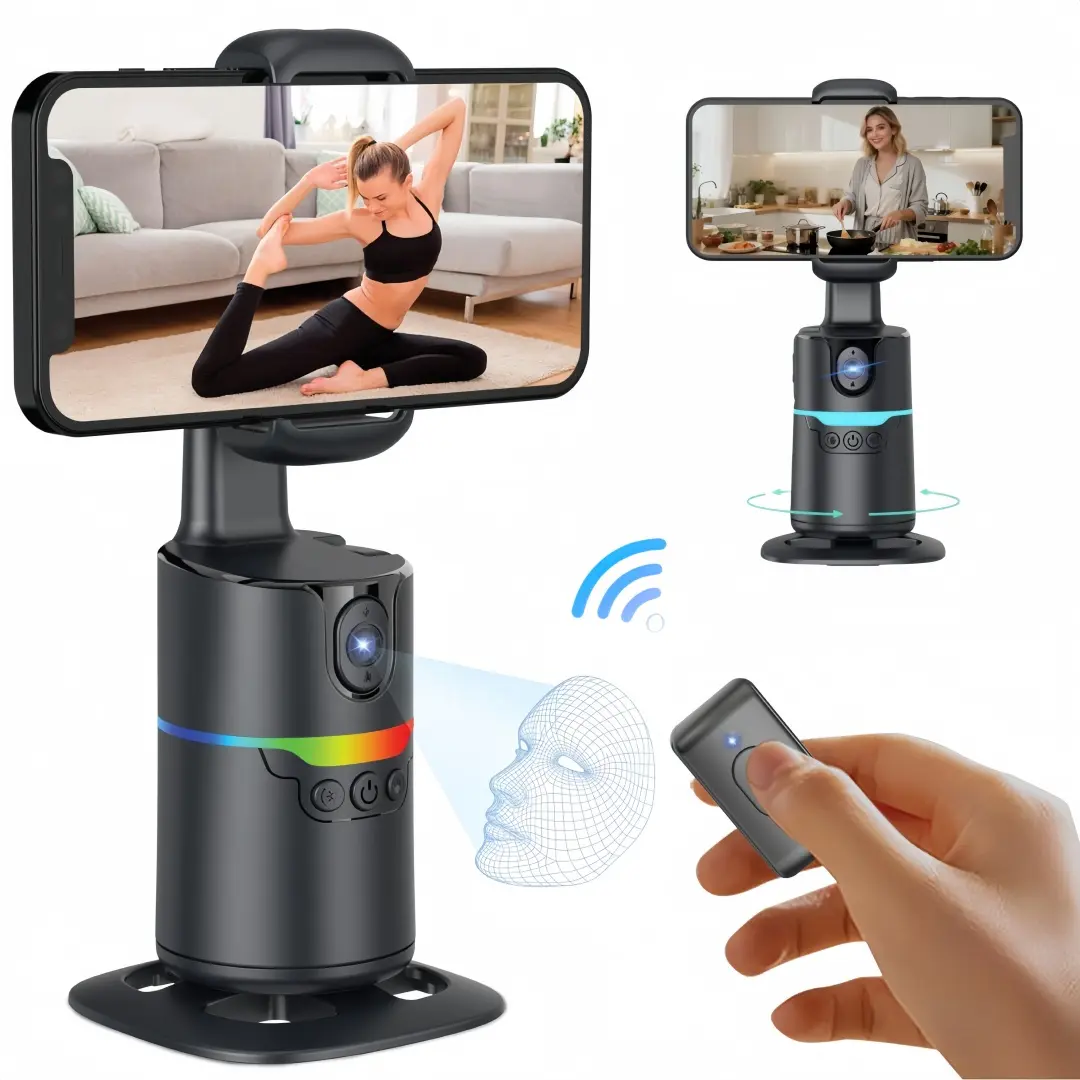 Auto Face Tracking Tripod 360° Rotating Cell Phone Photo - Smart Shooting Phone Holder with Remote, No App, Camera Mount with Phone Holder Body Smart Tracking Tripod for Vlog/TIK Tok Social media content creator tools（Black）