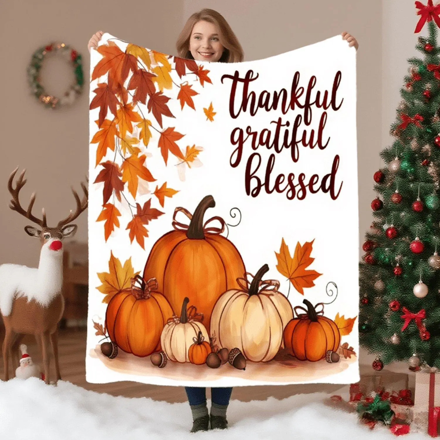 Ultra Soft Flannel Throw Warm White Pumpkin Fall Leaves with "Thankful Grateful Blessed" Lettering Lightweight Blanket Cozy Autumn Bedspread for Couch Bed Dorm Machine Washable All Season Bedding