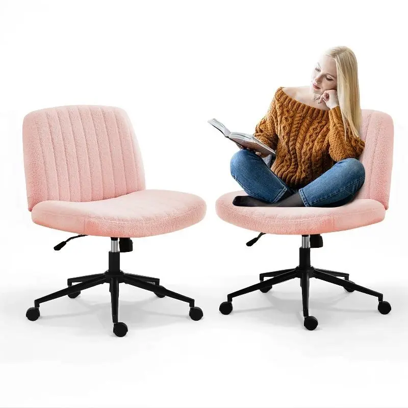 Criss Cross Base Armless Fabric Desk Chair - Ergonomic, Comfy, Wide Seat, Height-Adjustable 360-Degree Swivel Rolling Chair for Home Office, Vanity (Pink)