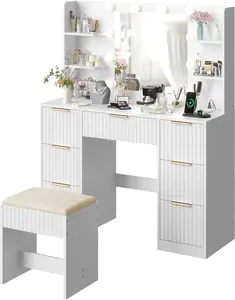 VINGLI Fluted Makeup Vanity Desk with Mirror & Lights & Power Outlet, Small Vanity Table w/ 7 Drawers & 4 Storage Shelves, Modern Dressing Table Set Charging Station for Bedroom