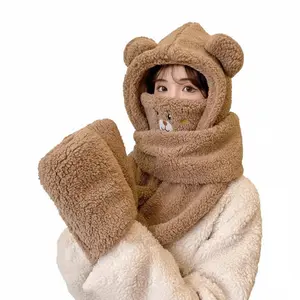 Warm Fleece Bear Four-Piece Set Cute Scarf Cycling Warm Gloves Ear Protection Hat Scarf Integrated Plush Autumn Winter Accessori