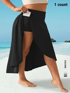 【Plus Size】 Solid Color Side Split Skirt, Casual Comfy High Waist Midi Skirt for Daily Wear, Women's Bottoms for Summer, Casual Comfy Skorts, High Waisted Skorts