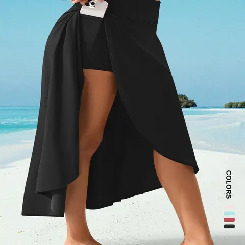 [Plus Size] Solid Color Side Split Skirt, Casual Comfy High Waist Midi Skirt for Daily Wear, Women's Bottoms for Summer, Casual Comfy Split Hem Stretchy Skorts, High Waisted Skorts