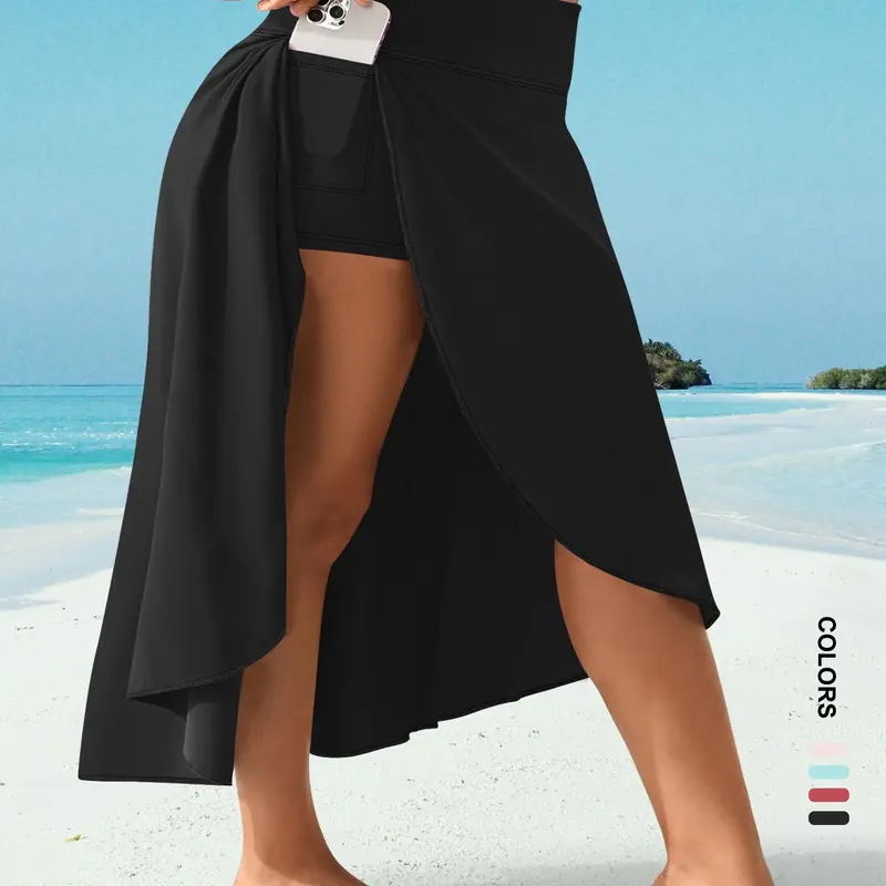 [Plus Size] Solid Color Side Split Skirt, Casual Comfy High Waist Midi Skirt for Daily Wear, Women's Bottoms for Summer, Casual Comfy Split Hem Stretchy Skorts, High Waisted Skorts