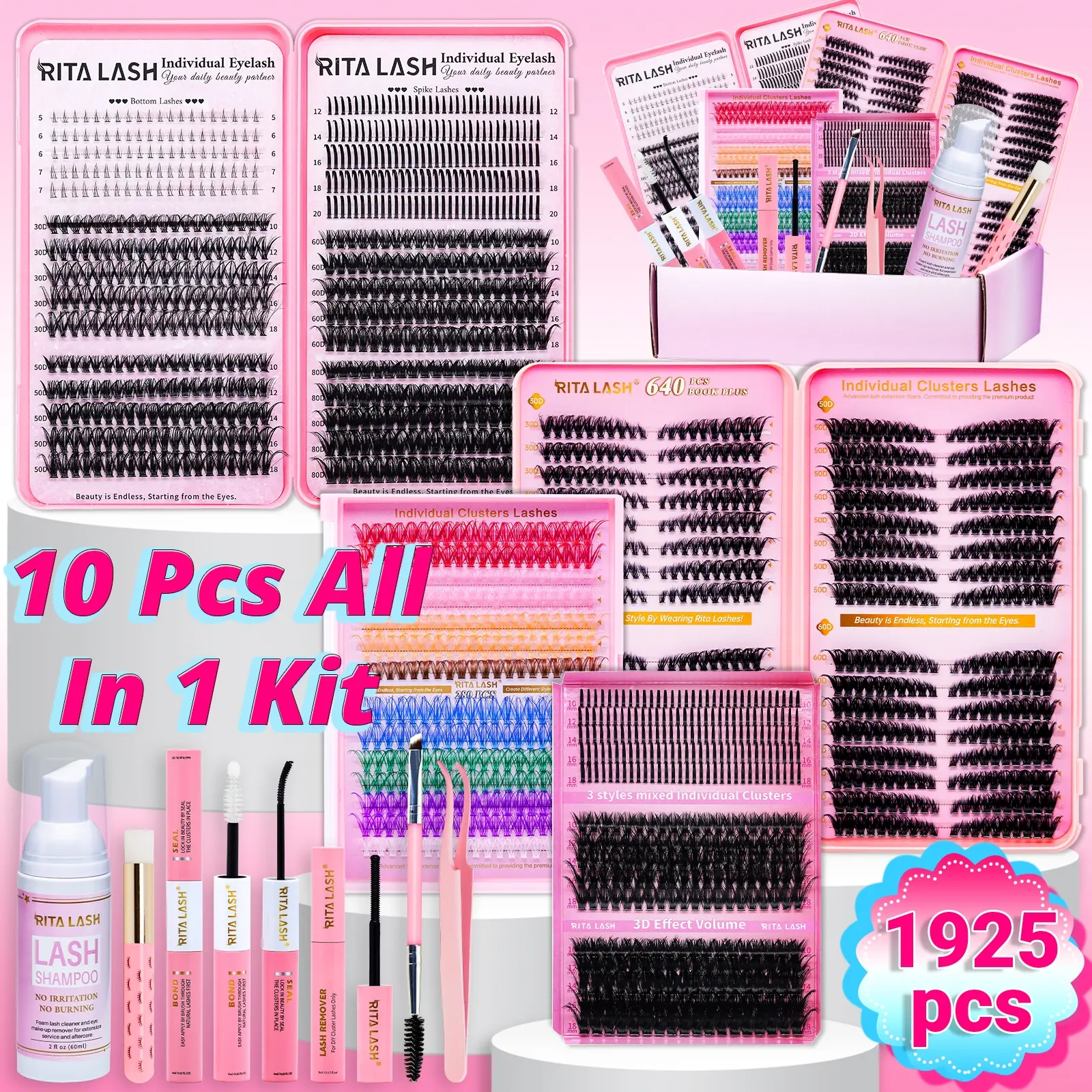 RITALASH 1925PCS Eyelashes Extension Kit Eyelashes Extension Set DIY Cluster Lashes Gift Large Packs 4 Trays Lash Clusters Eyelash Extensions Soft Comfortable with Lash Bond and Seal Remover Tweezers Brush Shampoo&Brush