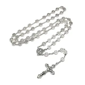 Rosary Catholic Necklace Lady Vintage Silver Metal Prayer Chain Gift