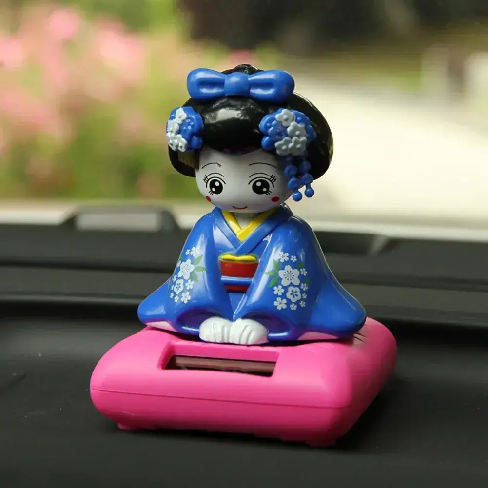 Solar Powered Shaking Heads Sitting Japanese Kokeshi Figurines Dashboard Dancing Figures Asian Geisha Car Accessories Interior