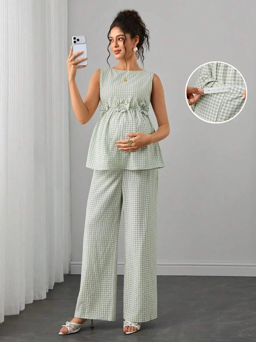 2pcs Maternity Set: 3D Floral Plaid Sleeveless Top And Adjustable Waist Long Pants