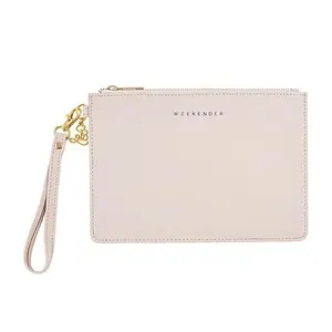 Women's Chic Casual Weekender Wristlet Clutch Bag - Pink Faux Saffiano Material, Mimosa Please