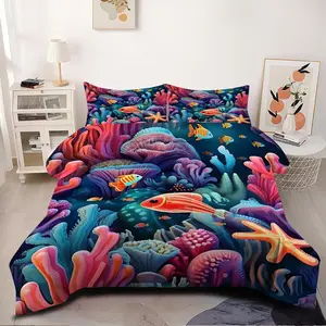 [Comforter Set] 2/3pcs Vibrant Underwater Coral Reef Comforter Set | Colorful Ocean-Themed Bedding Set for Modern Bedroom Decor, Soft & Cozy All-Season Bedding Collection for Home & Room Aesthetic ImprovementPillow Insert Not Included