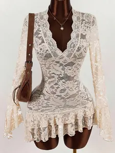 Boho Style Slim Fit Lace Mini Dress, Sexy Low Cut Perspective Long Top, Casual Elegant Fashion for All Seasons, Women's Holiday Wear
