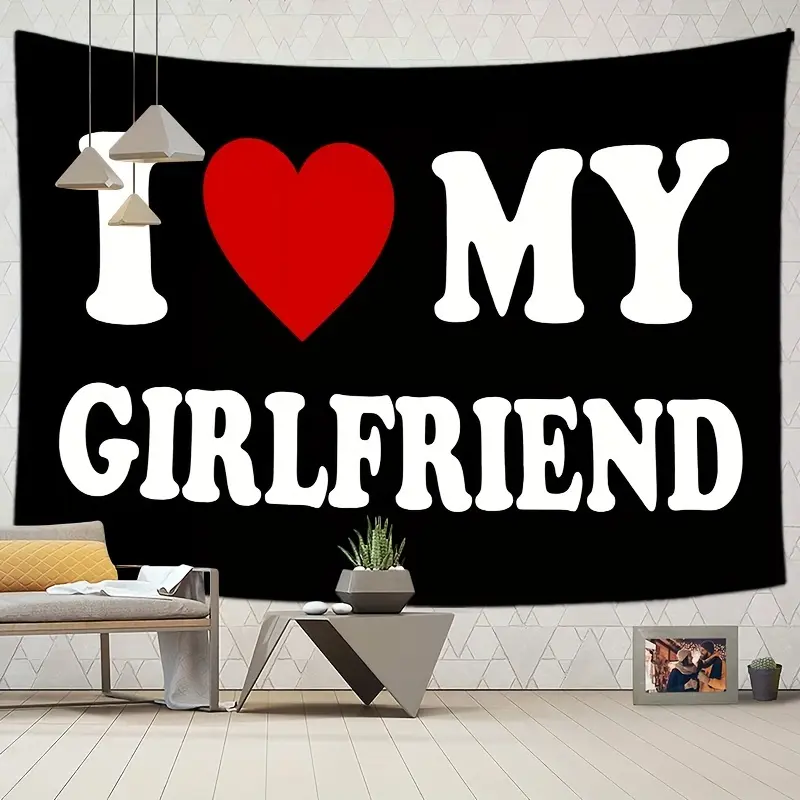 I Love My Girlfriend Heart Pattern Wall Tapestry - 1Pc Funny Couple Hanging Polyester Love Tapestry Blanket for Bedroom, College Dormitory, Indoor Wall Decor, Valentine's Day Gift, No Electricity Needed, Woven Fabric, Transverse Orientation