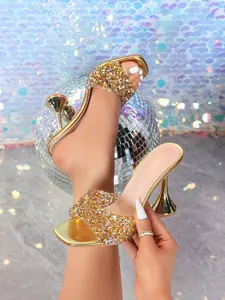Women's High Heel Sandals, Fashionable Sexy Square Toe Mules, Sparkling Rhinestones, Perfect for Daily Parties Special Occasions Shoe Footwear